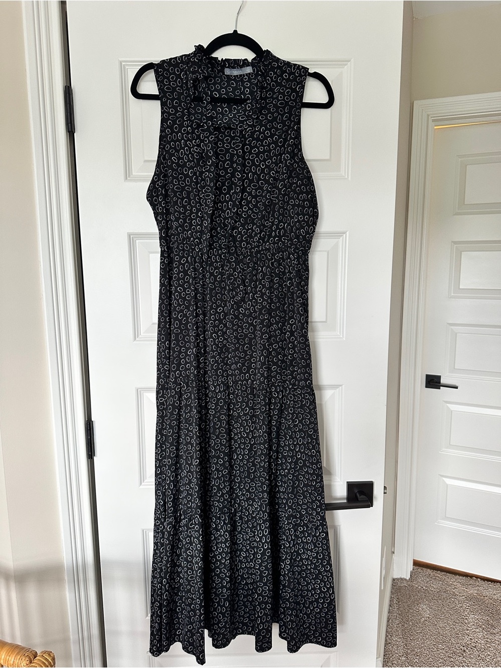 Sleeveless Black Maxi Dress with White Dot Print
